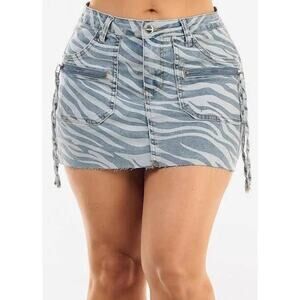 Dakota Blue Y2K Denim Zebra Print Frayed Side Ruched Mini Jean Skirt Size L